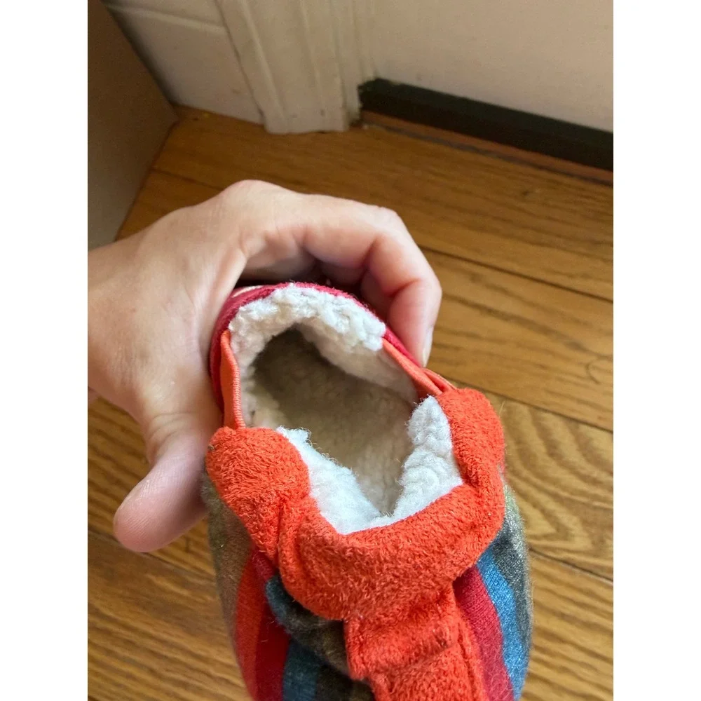 Acorn Toddler Hedgehog Moccasin Slippers Red Blue Striped 18-24 Months 14cm